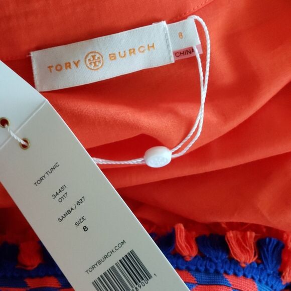 Tory Burch Samba Fringe Trim Tunic/Top Orange Blue Size 6 - Picture 7 of 8